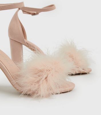 Pink fluffy block online heels