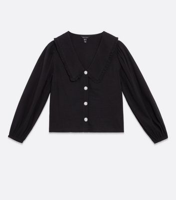 Damen Bekleidung Black Frill Collar Gem Button Shirt