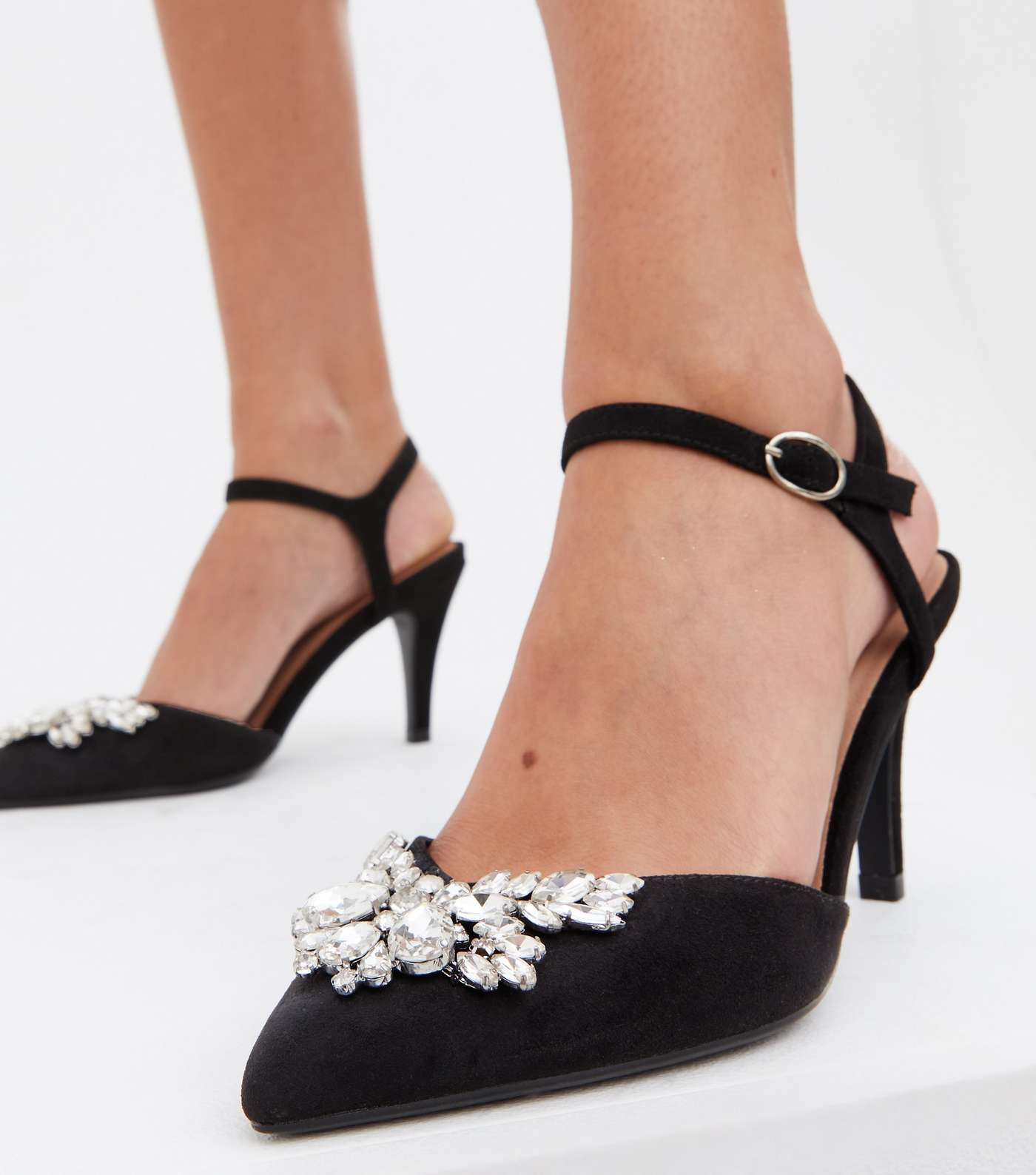 Wide Fit Black Embellished Stiletto Heel Court Shoes Image 2