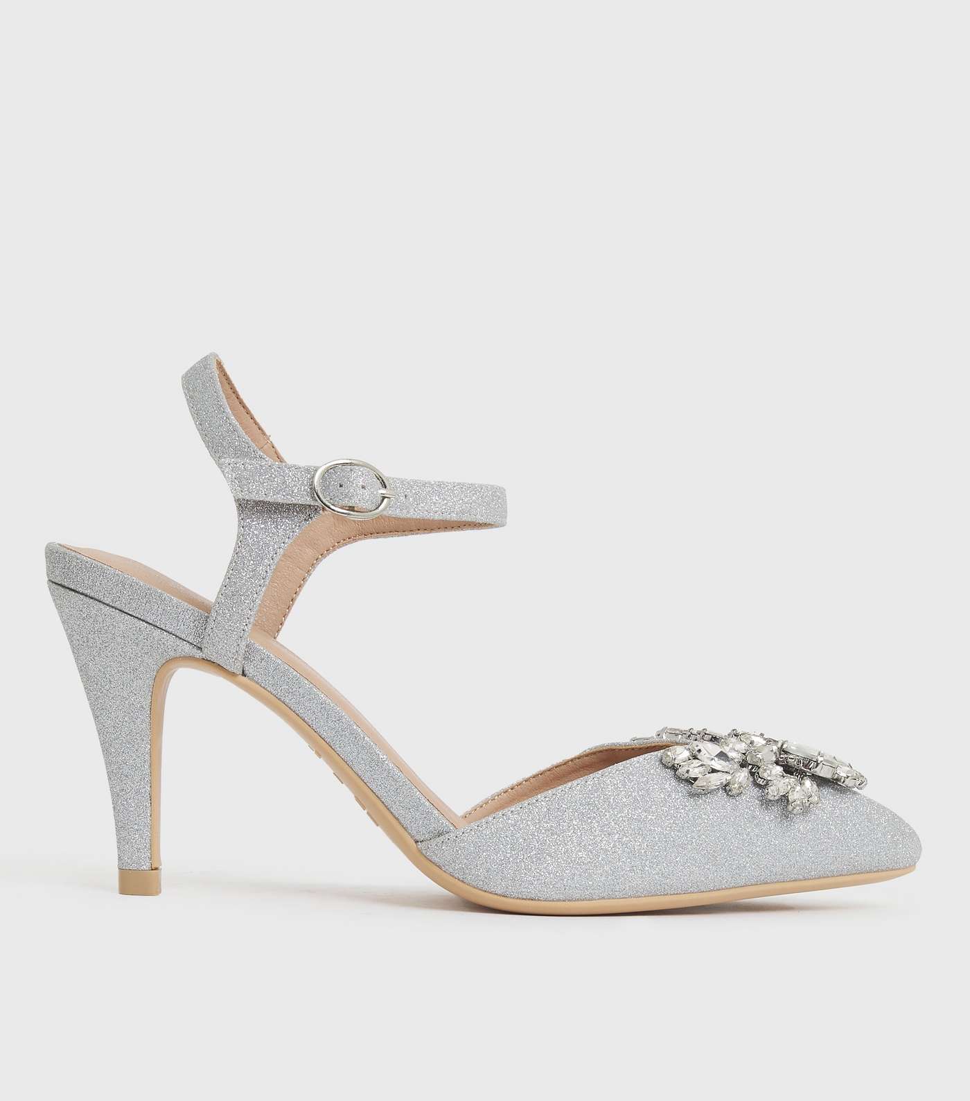 Wide Fit Silver Glitter Gem Pointed Stiletto Heel Sandals