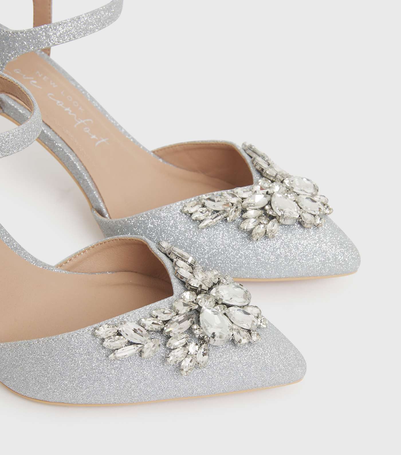 Wide Fit Silver Glitter Gem Pointed Stiletto Heel Sandals Image 3