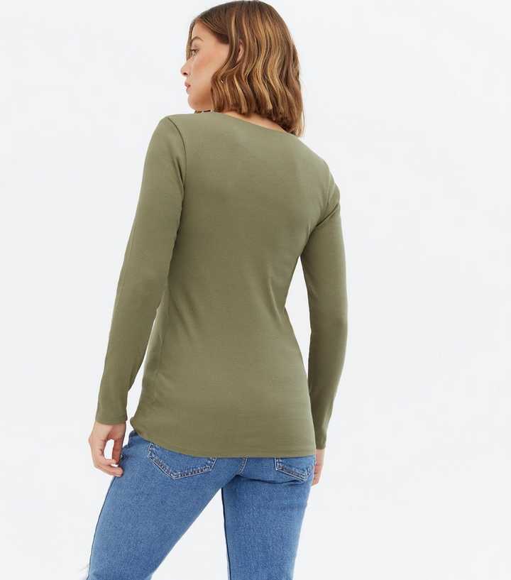 Khaki Full Sleeve Square Neck Long Sleeve T-Shirt