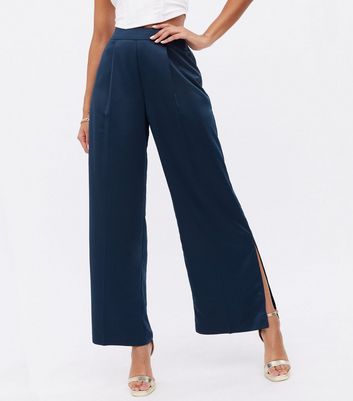 Navy Satin Split Hem Wide Leg Trousers 
