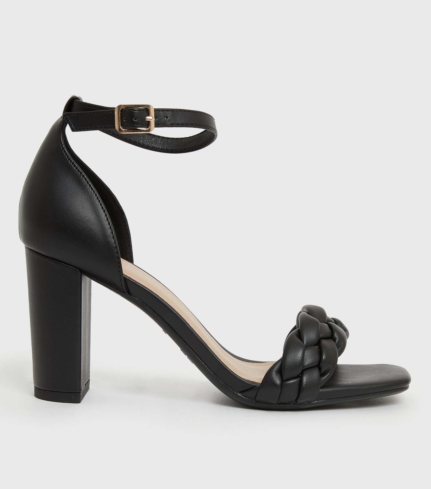 Black Leather-Look Plaited 2 Part Block Heel Sandals