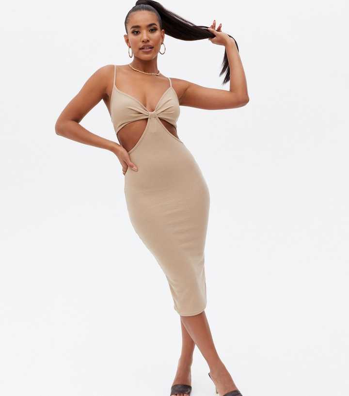 Pink Vanilla Stone Ribbed Cut Out Midi Bodycon Dress