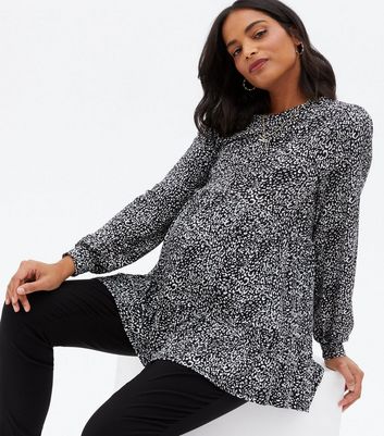 Maternity Black Leopard Print Long Sleeve Peplum Top | New Look