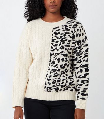 Blue Vanilla Off White Leopard Print Cable Knit Jumper New Look