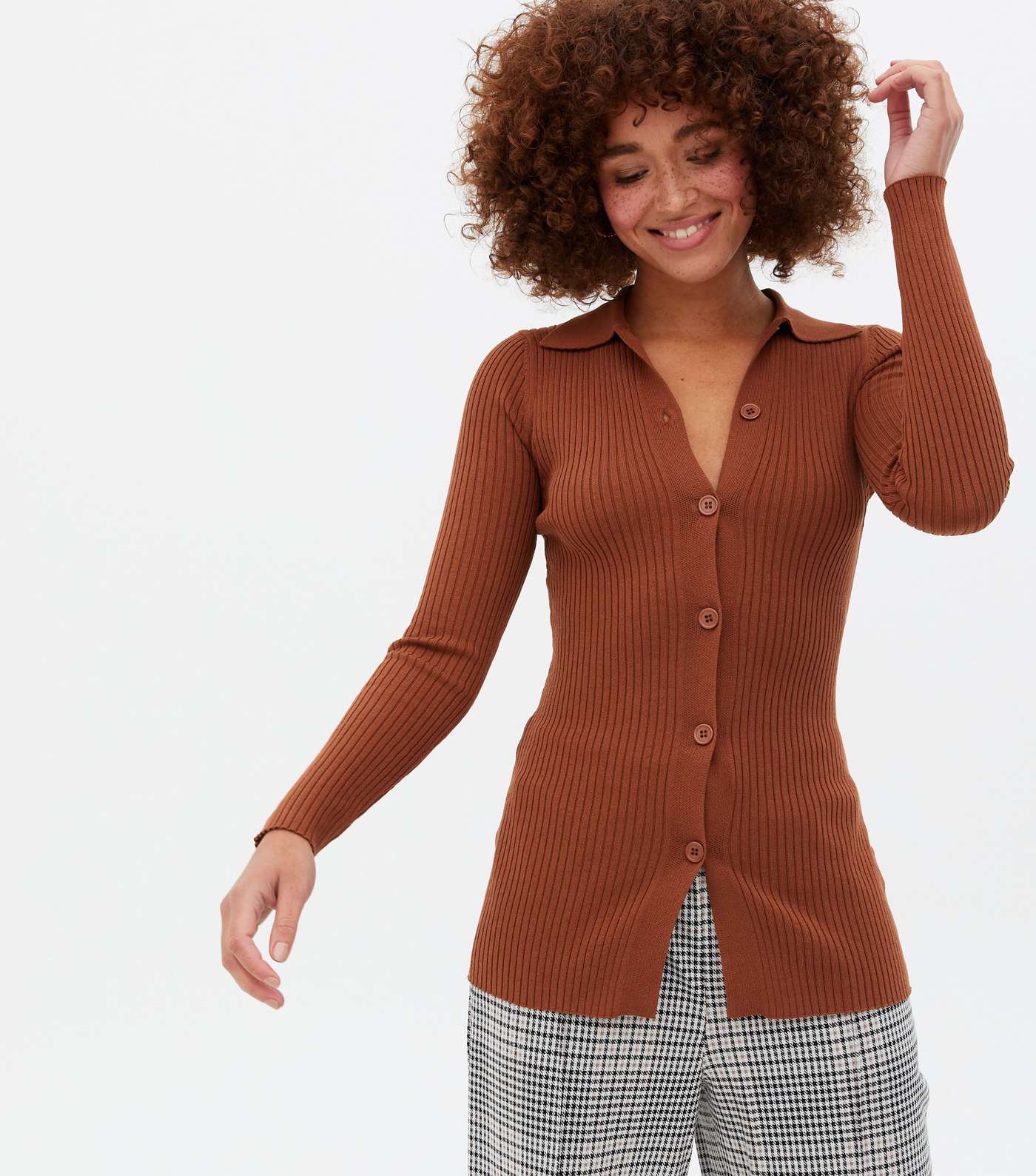 Rust Ribbed Knit Button Collared Long Top