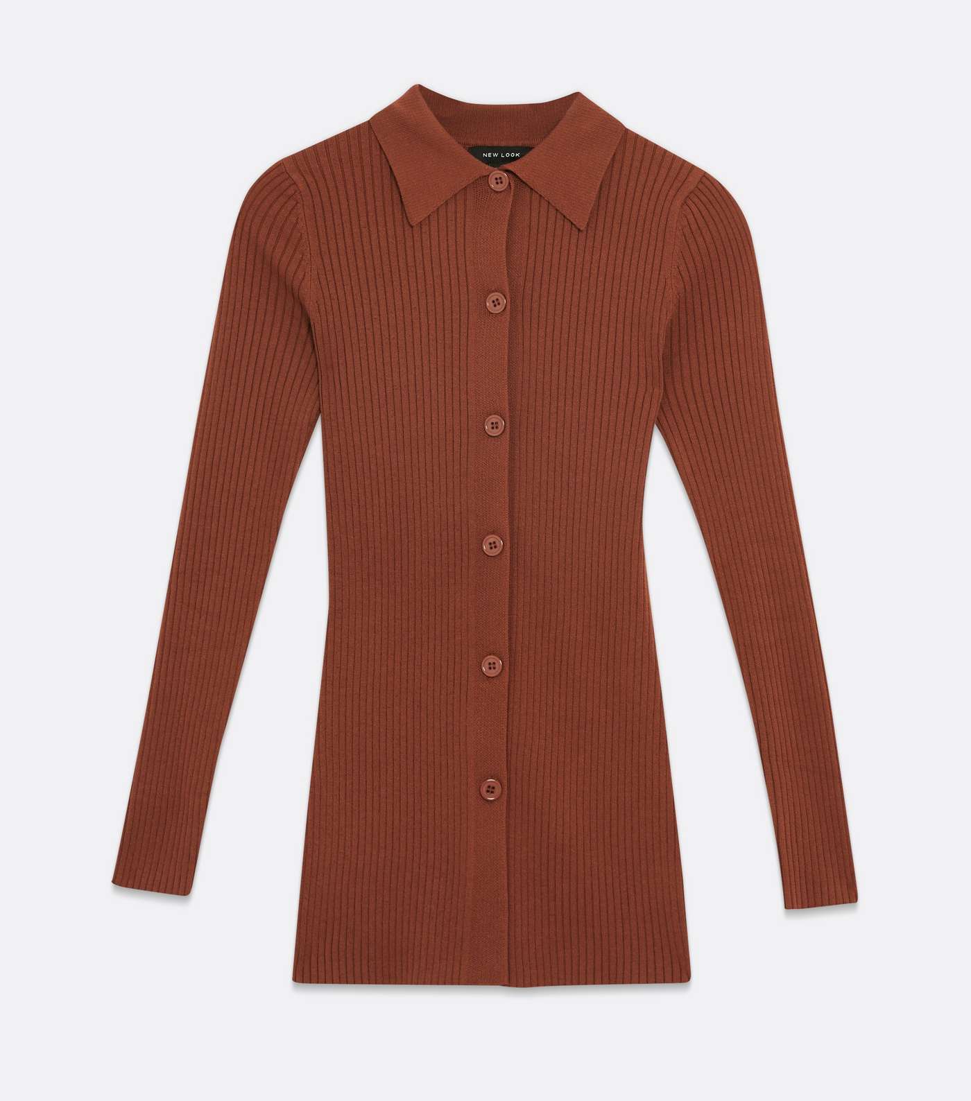 Rust Ribbed Knit Button Collared Long Top Image 5