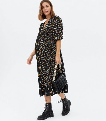 black floral midi wrap dress