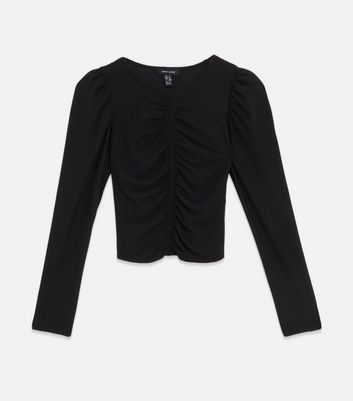 Black Ruched Front Long Sleeve Top | New Look