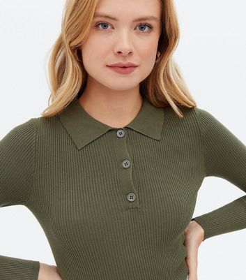 Click to view product details and reviews for Khaki Ribbed Knit Long Sleeve Button Polo Top New Look.