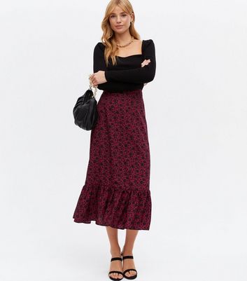 Blue Vanilla Burgundy Floral Frill Midi Skirt New Look