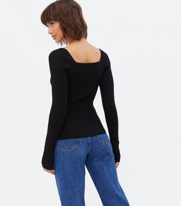 Black Ribbed Knit Square Neck Long Sleeve Top | New Look