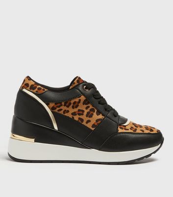 Black Leopard Print Metal Trim Wedge Trainers New Look