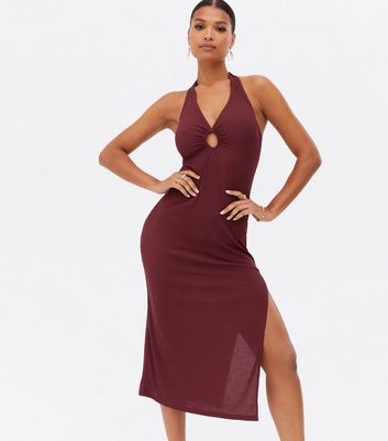 Click to view product details and reviews for Burgundy Ribbed Split Hem Ring Halter Midi Bodycon Dress New Look.