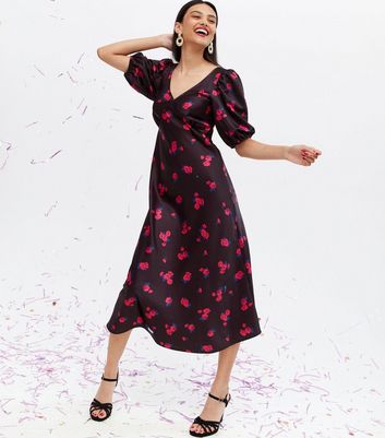 Black Floral Satin Midi Dress | New Look