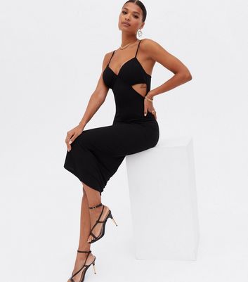 Black Ribbed Bustier Cut Out Midi Bodycon Dress New Look