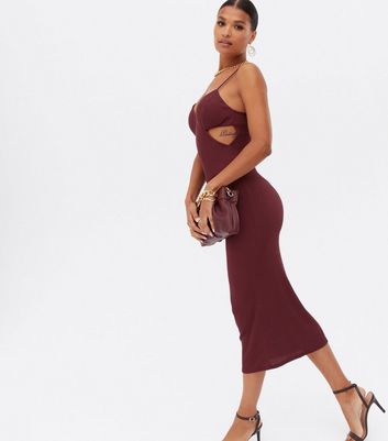 Click to view product details and reviews for Burgundy Ribbed Bustier Cut Out Midi Bodycon Dress New Look.