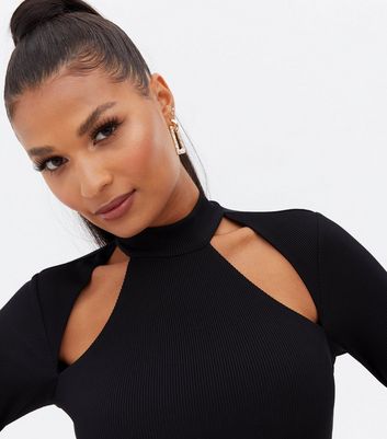 black high neck cut out bodycon dress