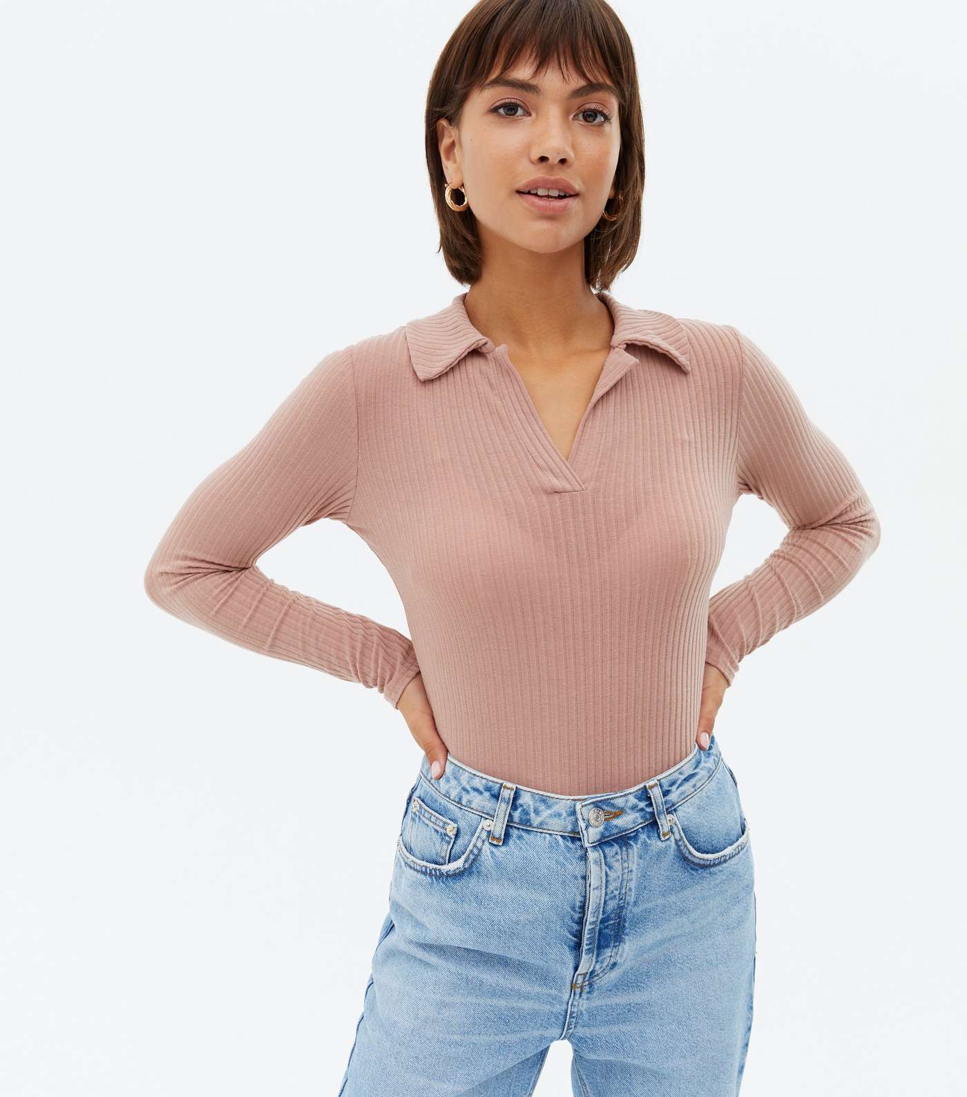 Mid Pink Ribbed Long Sleeve Collared Bodysuit
