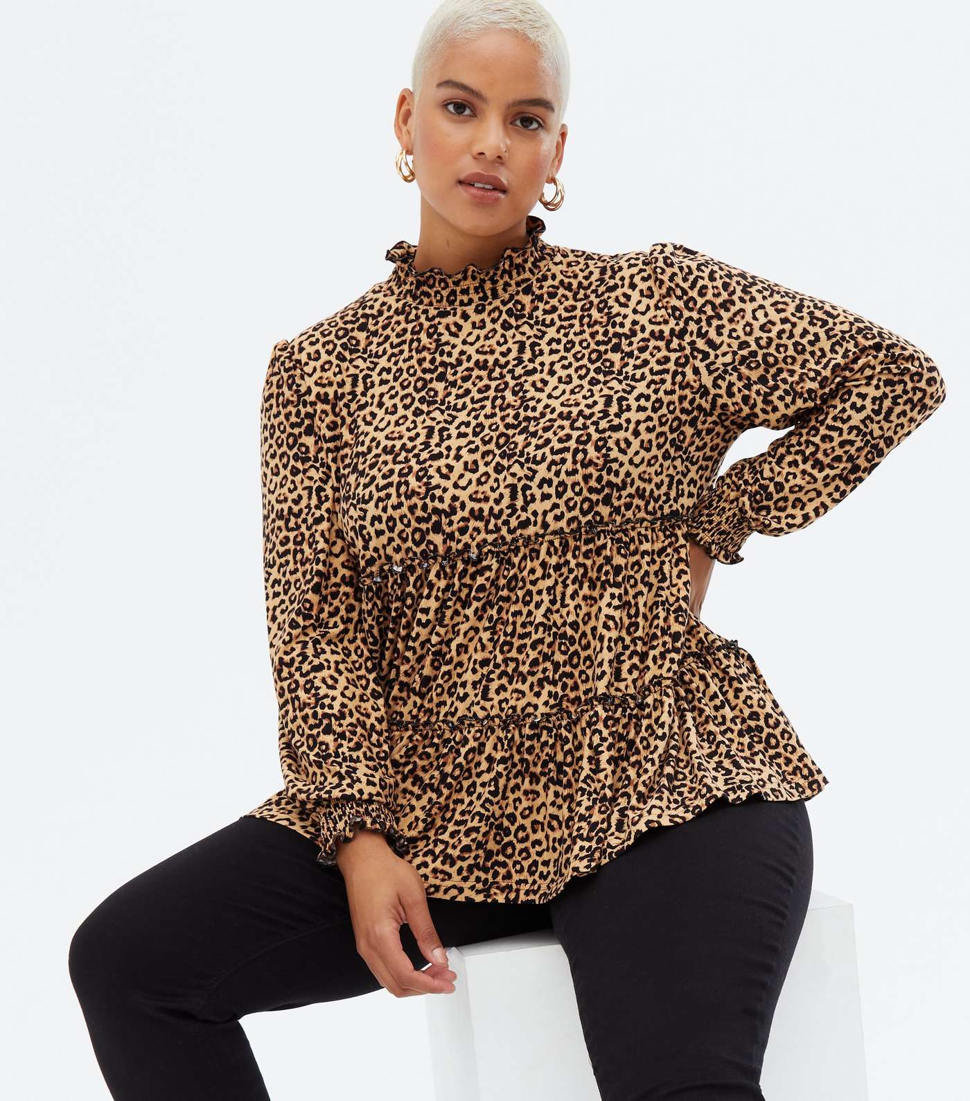 Blue Vanilla Curves Brown Leopard Print Tiered Blouse