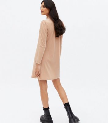 Click to view product details and reviews for Camel Ribbed Shirred High Neck Mini Dress New Look.