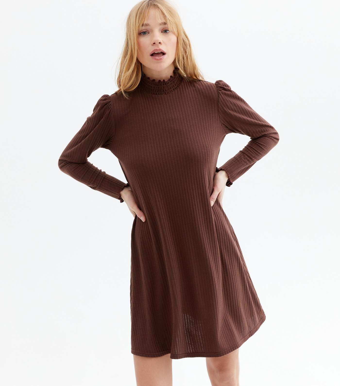 Dark Brown Ribbed Shirred High Neck Mini Dress