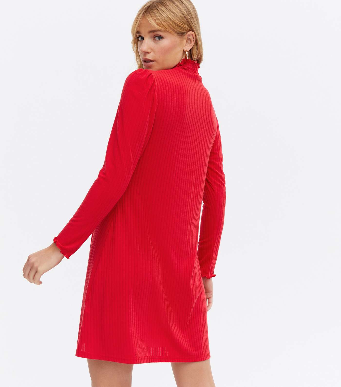 Red Ribbed Shirred High Neck Mini Dress Image 4