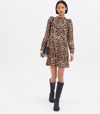 Brown Leopard Print Frill Yoke High Neck Tiered Mini Dress New Look