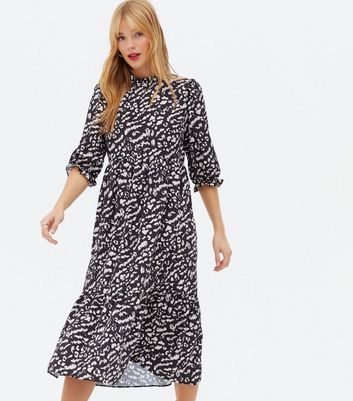 high neck animal print dress High Neck Tiered Midi Leopard Print