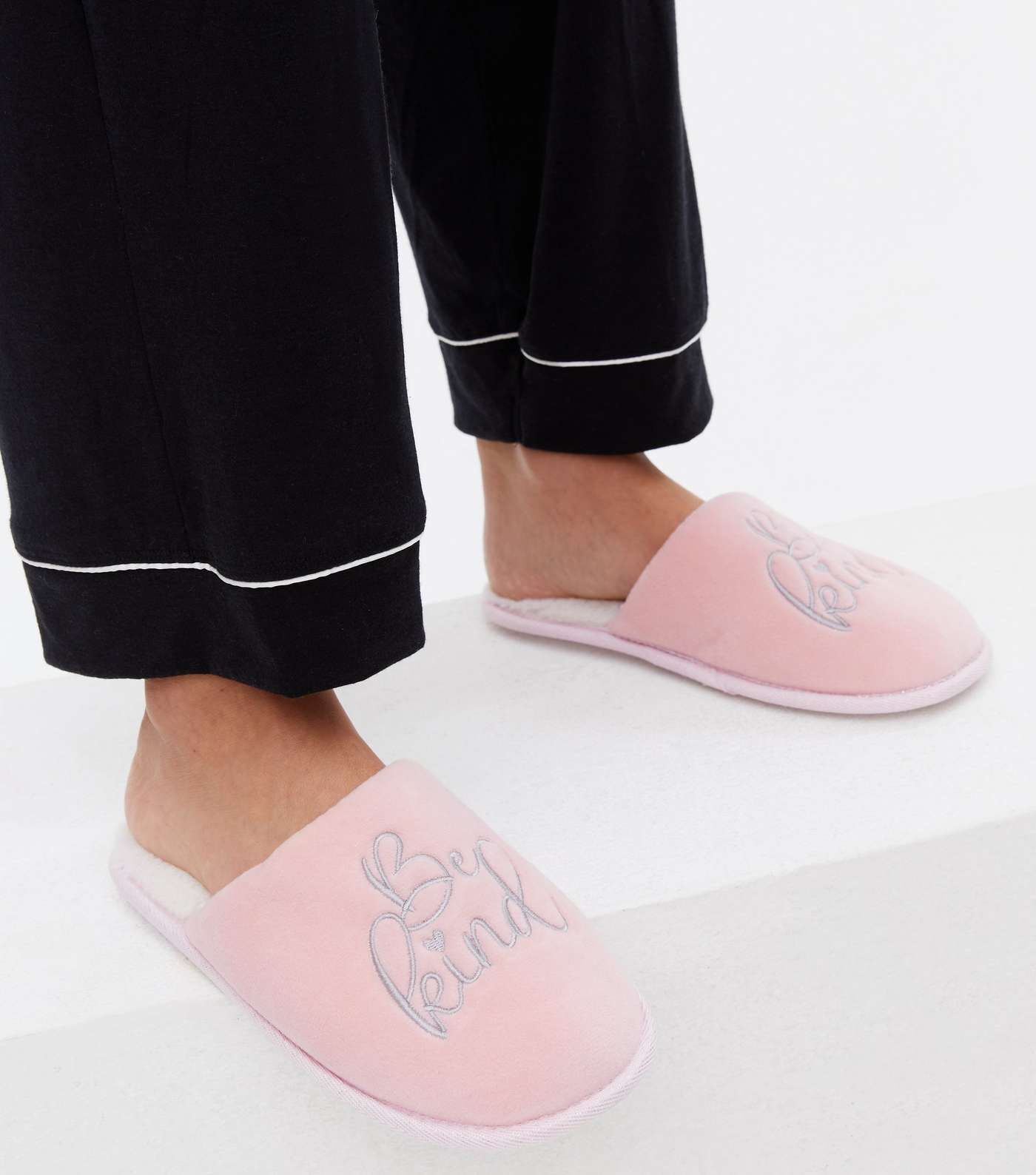Pink Be Kind Embroidered Mule Slippers Image 2