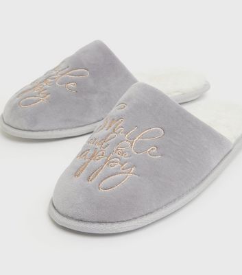 Grey Smile Embroidered Mule Slippers New Look