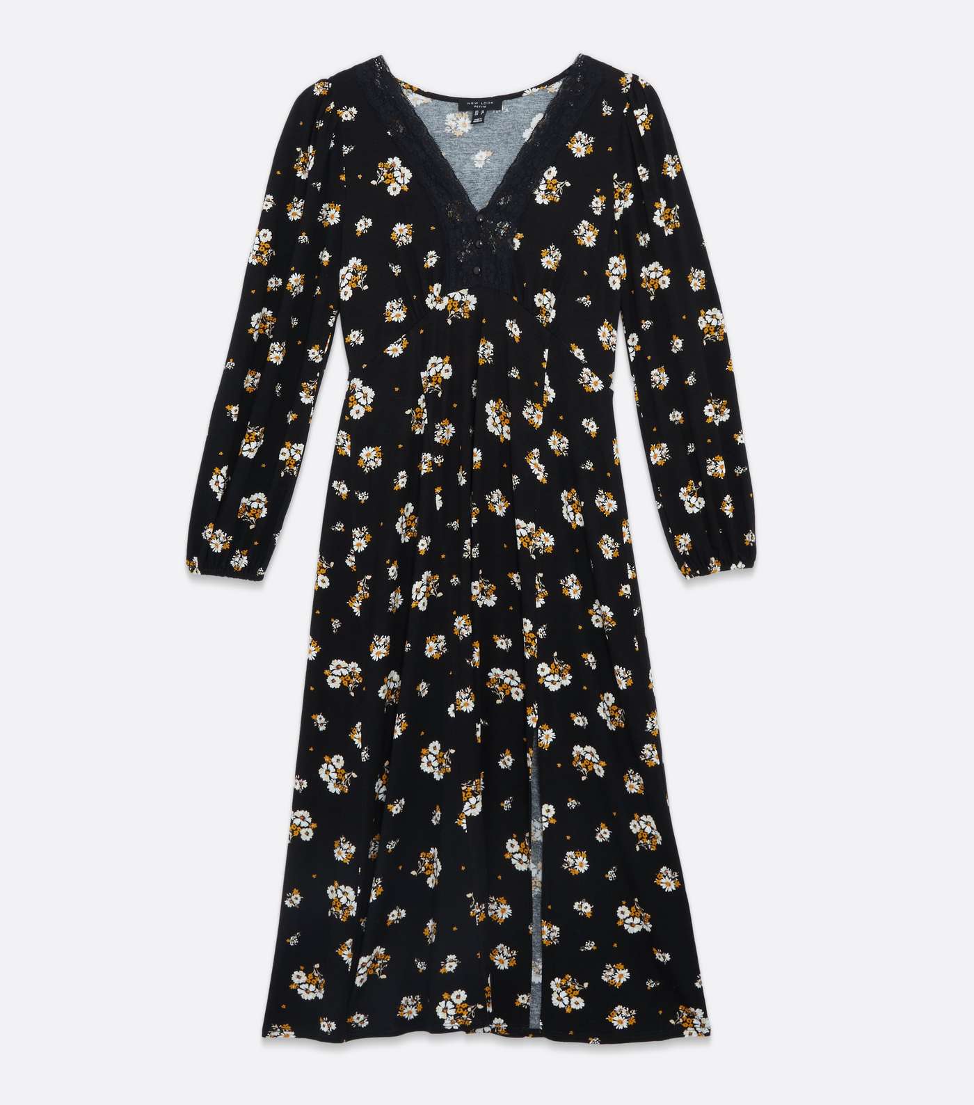 Petite Black Floral Lace Trim Split Hem Button Midi Dress Image 5