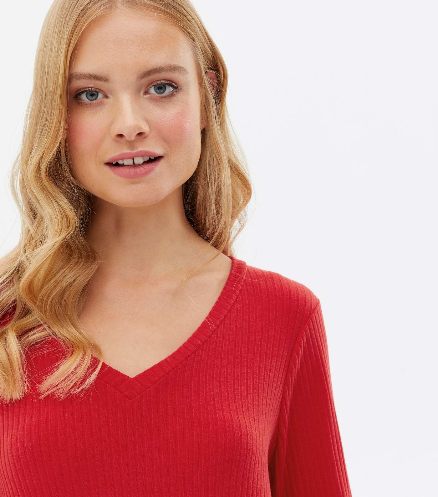 Red Ribbed Long Sleeve V Neck Peplum Top Image 3