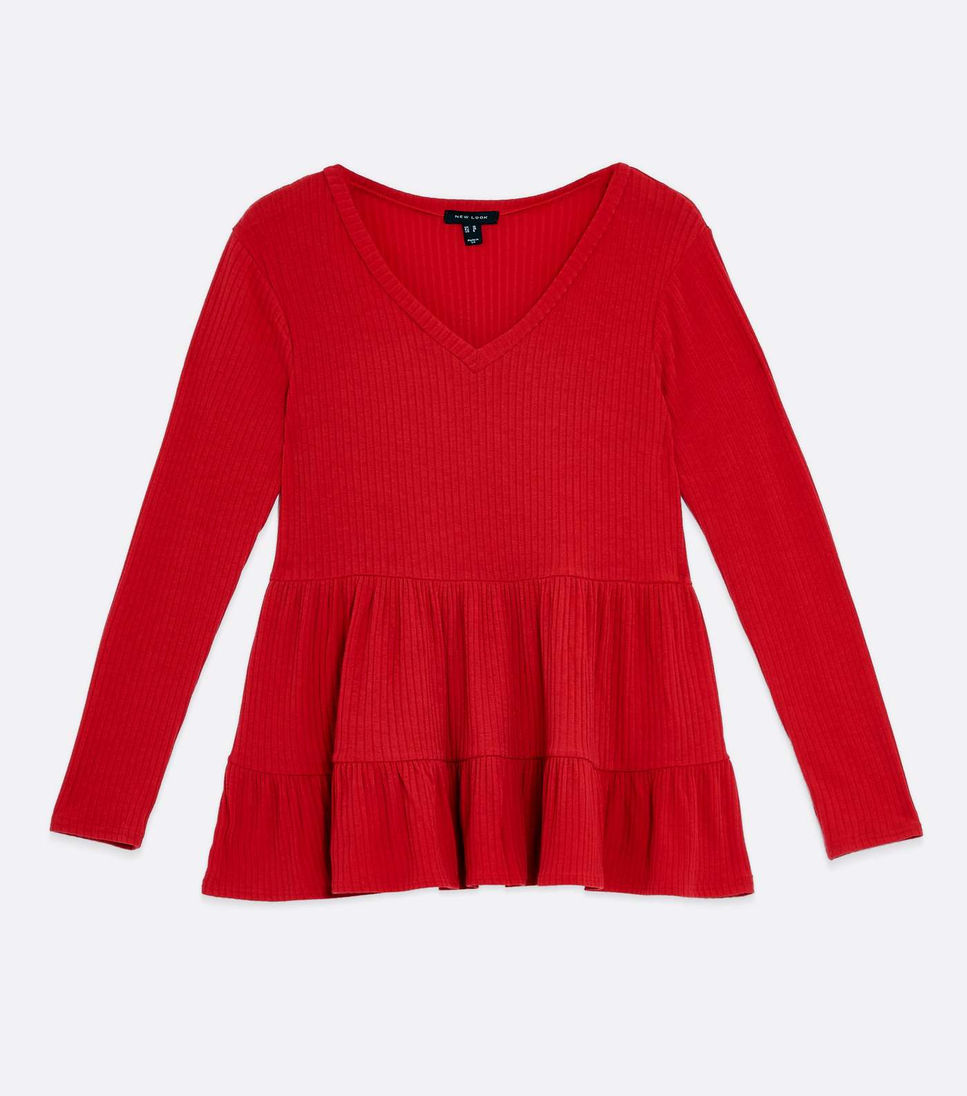 Red Ribbed Long Sleeve V Neck Peplum Top Image 5