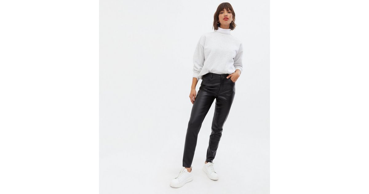 JDY Black Leather-Look Slim Trousers | New Look