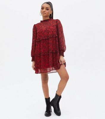 Topshop red clearance floral smock dress