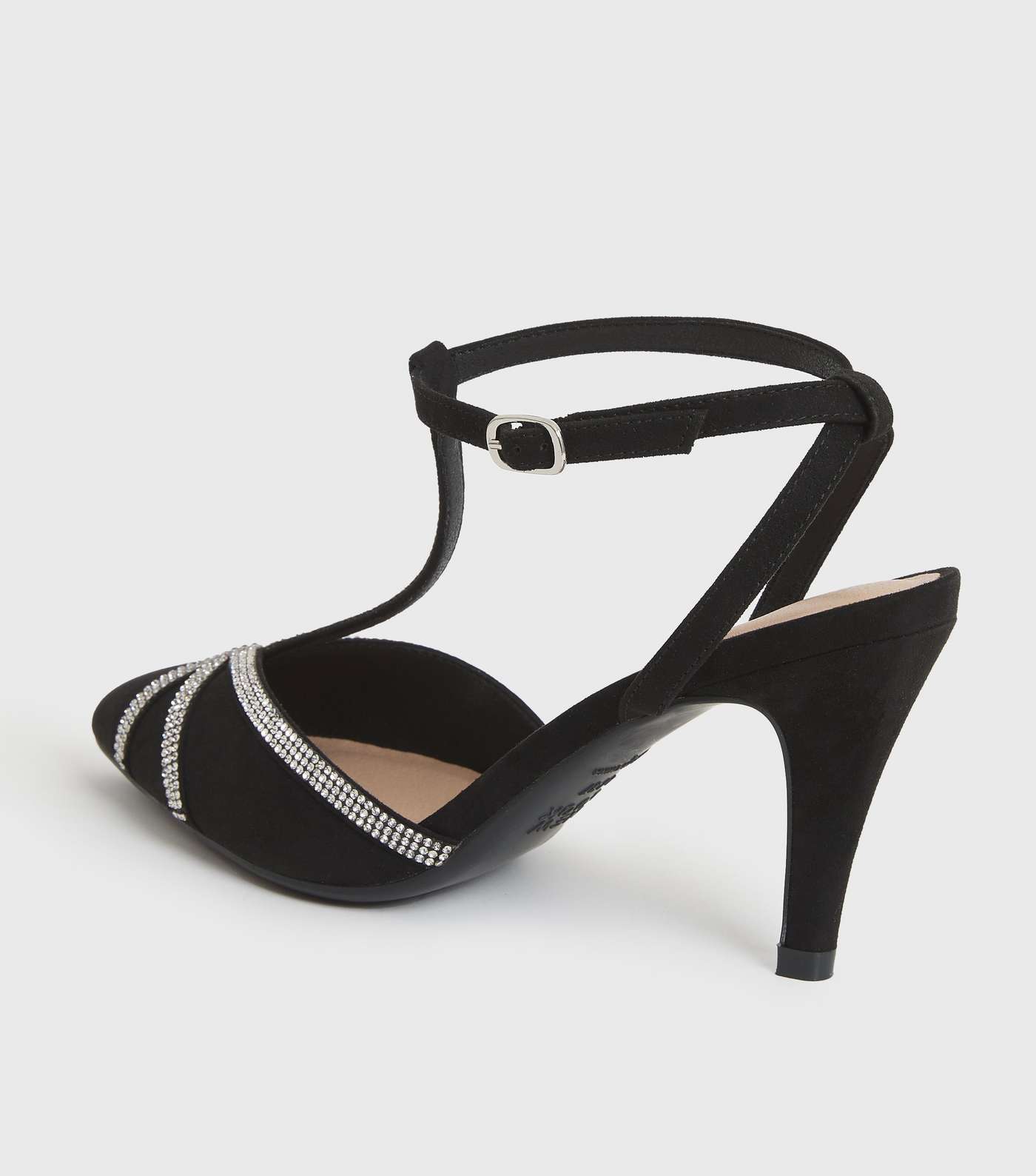Wide Fit Black Diamanté T Bar Pointed Stiletto Heel Sandals Image 3