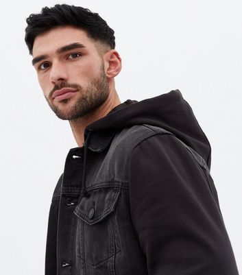 Black denim jacket with hood on sale