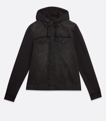 Black Denim Jersey Sleeve Hooded Jacket 