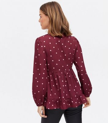 Maternity Burgundy Spot Crepe Peplum Blouse New Look