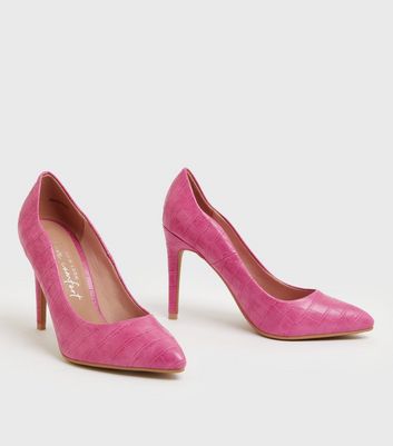 Pink Faux Croc Pointed Stiletto Heel Court Shoes New Look