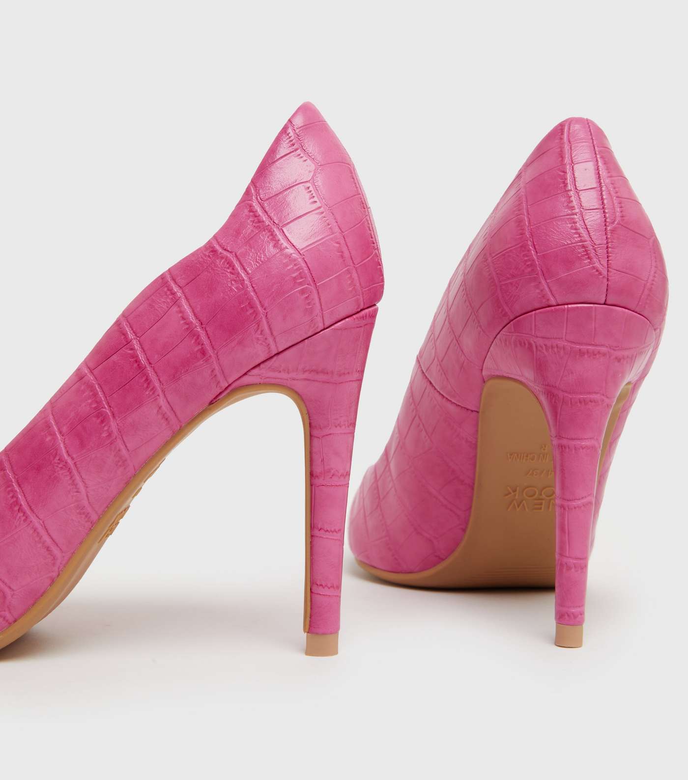 Pink Faux Croc Pointed Stiletto Heel Court Shoes Image 4