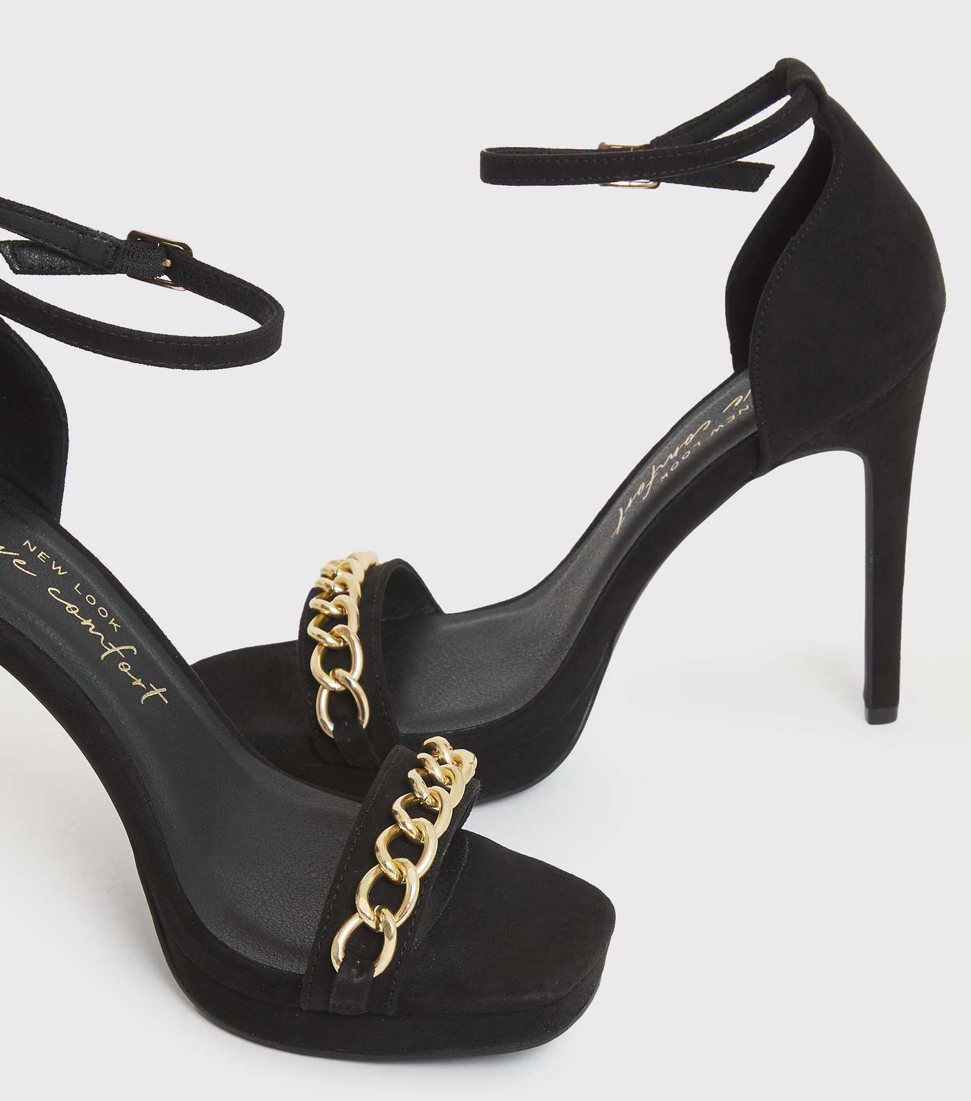 Black Suedette Chain Stiletto Heel Platform Sandals Image 3