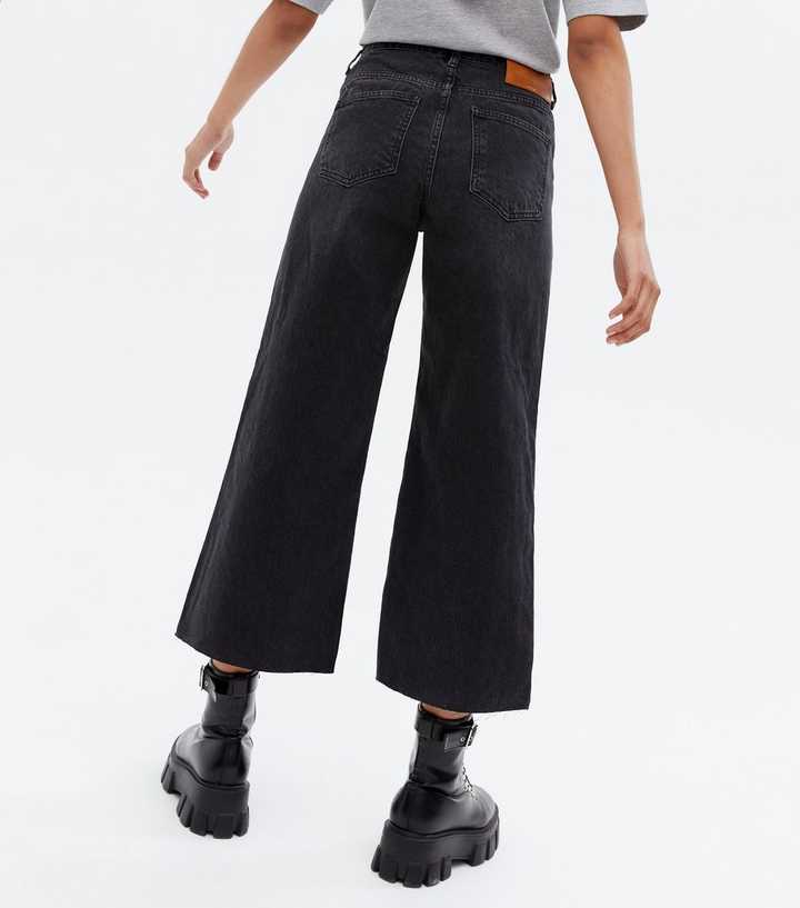 ONLY Black Frayed Wide Leg Crop Jeans
