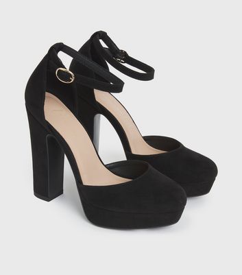 Black Suedette Platform Block Heel Court Shoes | New Look