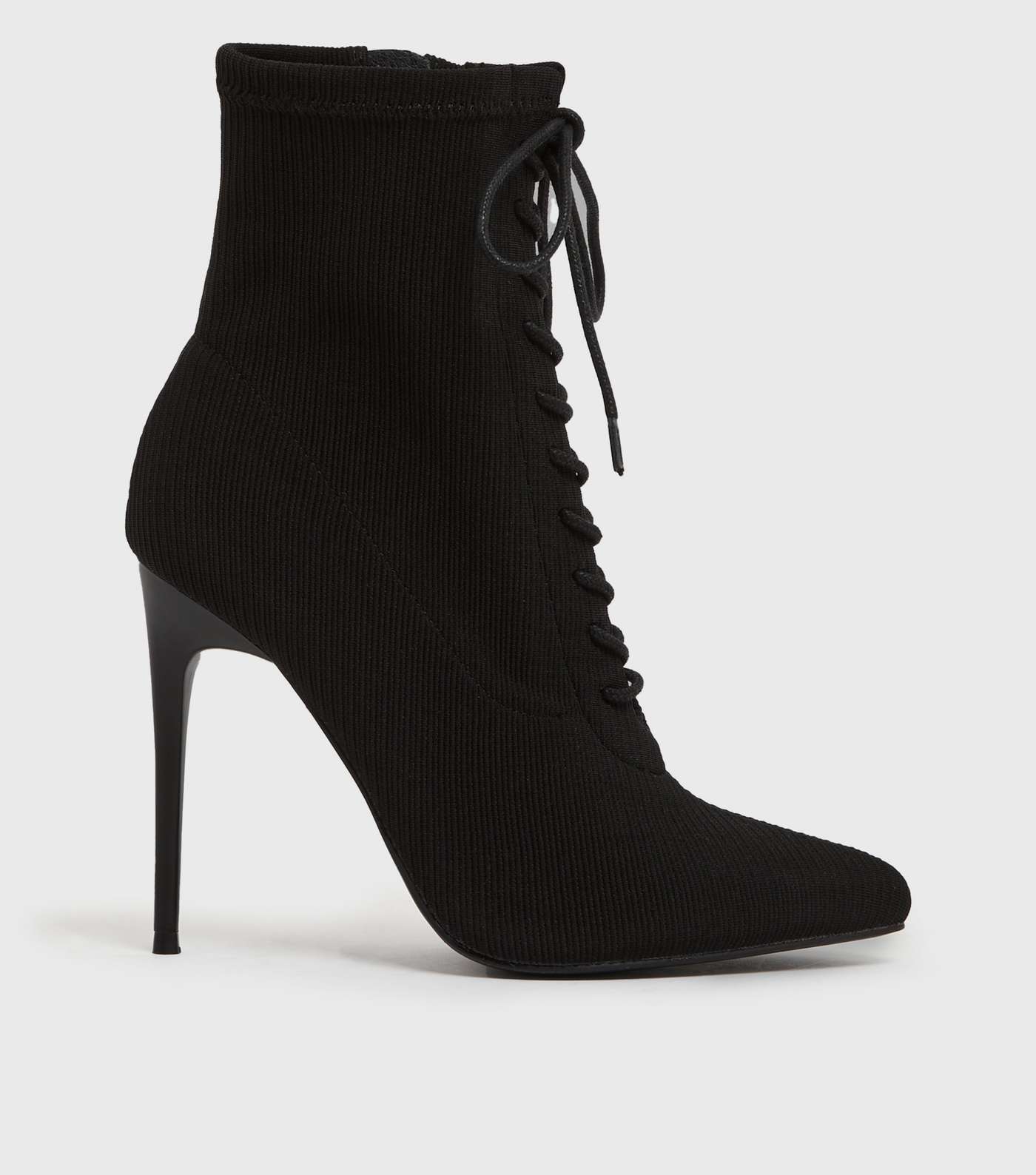 Black Knit Lace Up Stiletto Heel Ankle Boots