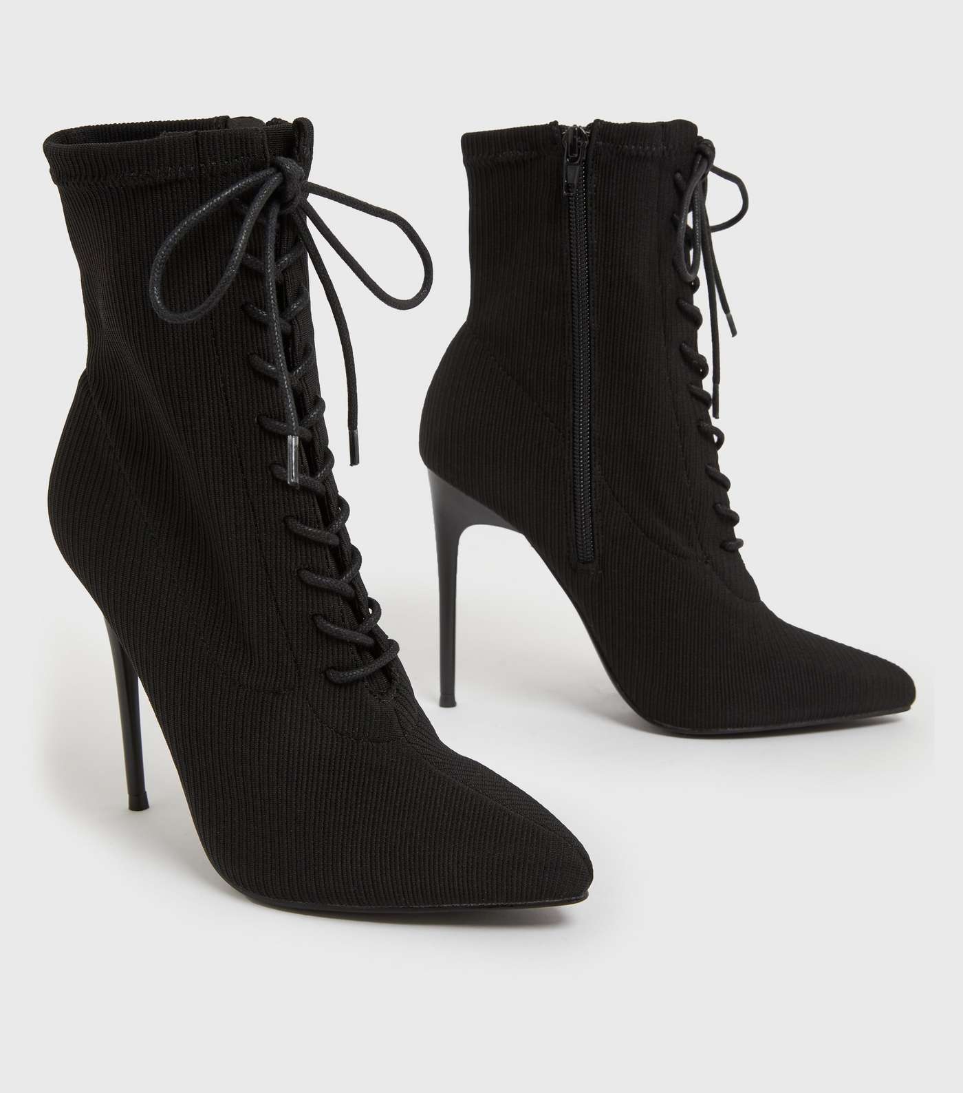 Black Knit Lace Up Stiletto Heel Ankle Boots Image 3
