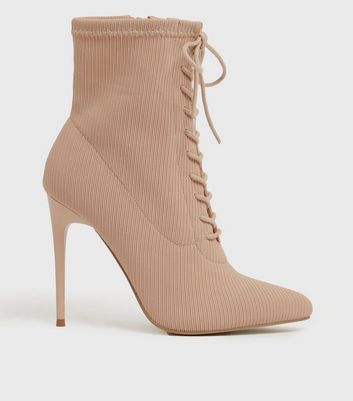 Camel Knit Lace Up Stiletto Heel Ankle Boots New Look